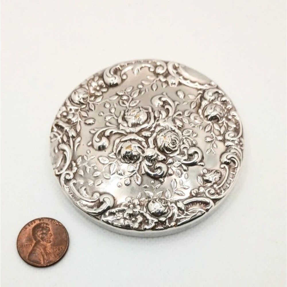 Vintage Gorham YC351 Silver-Plated RepoussΓ© Rose Pocket Mirror Post-WWII